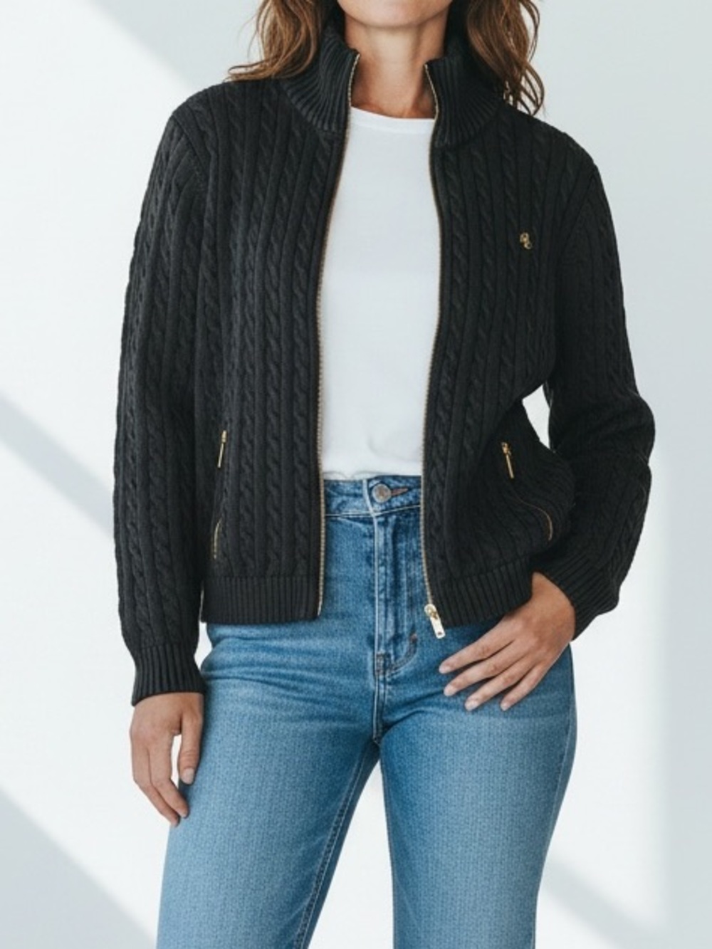 Lauren Ralph Lauren Black Cable-Knit Full-Zip Black Sweater with Gold Zipper